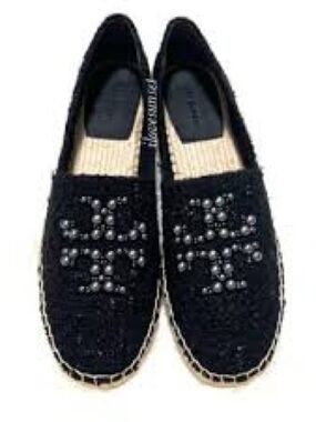 Sz 10 1/2 Tory Birch Beaded Black Tweed Espadrille Slip-Ons